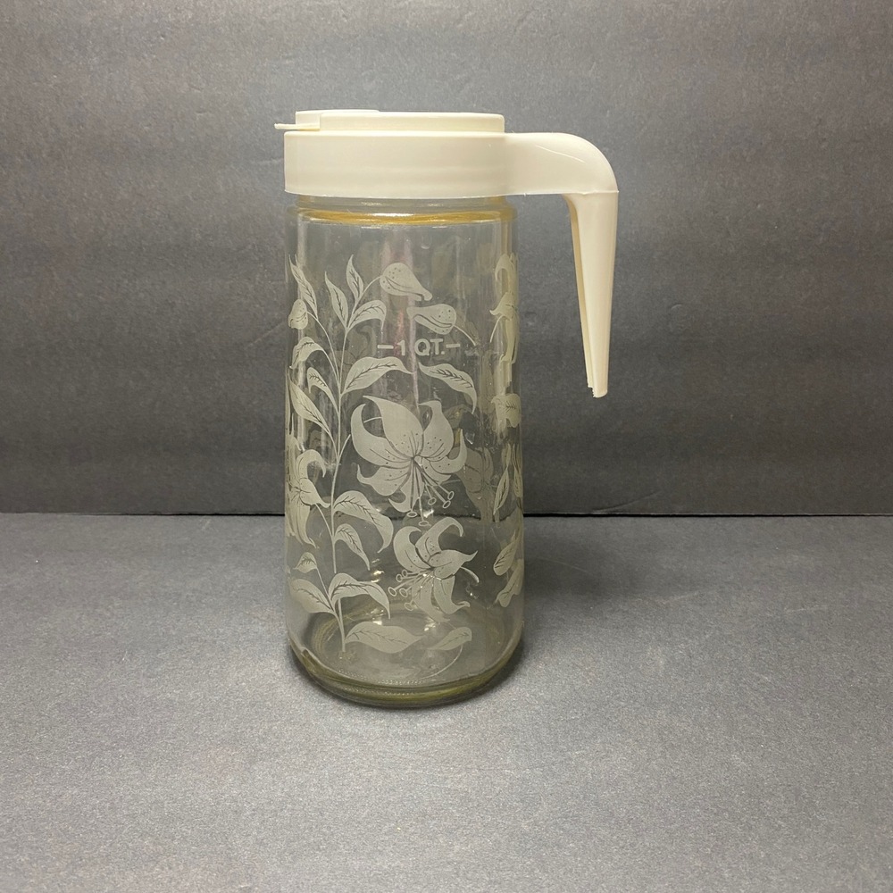 Vintage Anchor Hocking TANG Glass Pitcher 1 QT Etched Floral Design
